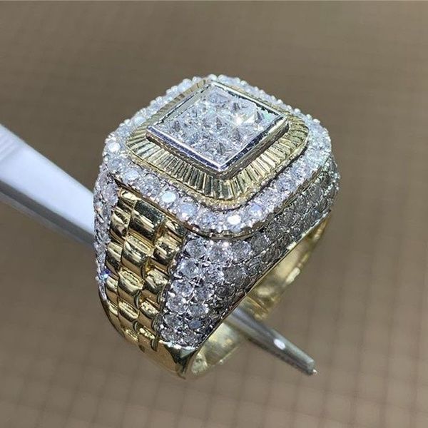 Hip Hop Square Paved Diamond Men Ring, Double Layer Square Watch Band Texture Heavy Titanium Steel Band Gold Silver Male Jewelry