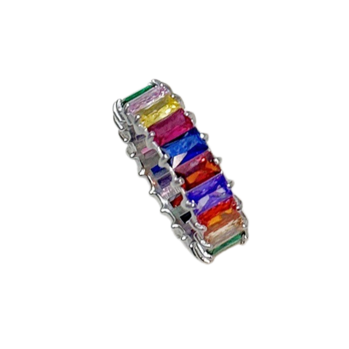 Baguette Cut Full Eternity Ring, Multi-Color Paved Diamond Gold & Silver Luxury Stackable Band