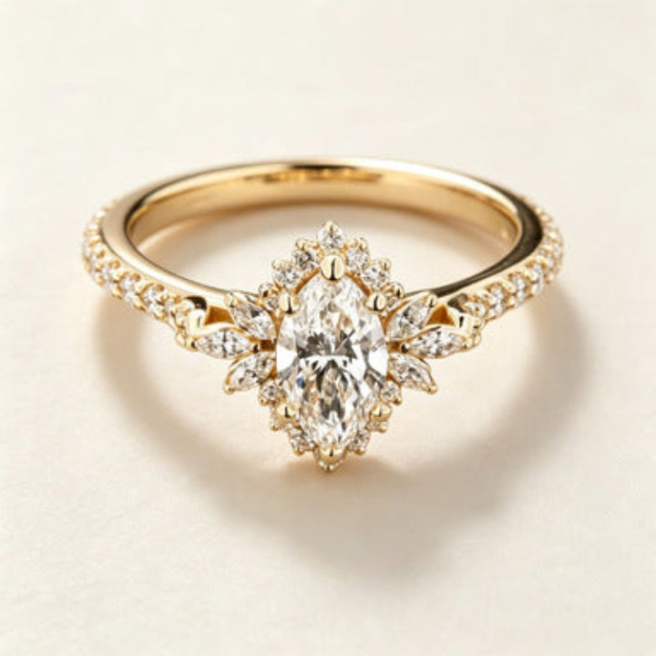 Marquise Diamond Sunflower Halo S925 Silver Ring, Vintage Paved Women Engagement Ring