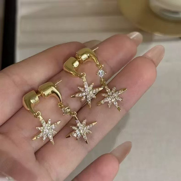 Double Octagram Paved Diamond S925 Silver Drop Earrings, Luxury Twin Star Long Earrings in Gold & Silver Tone
