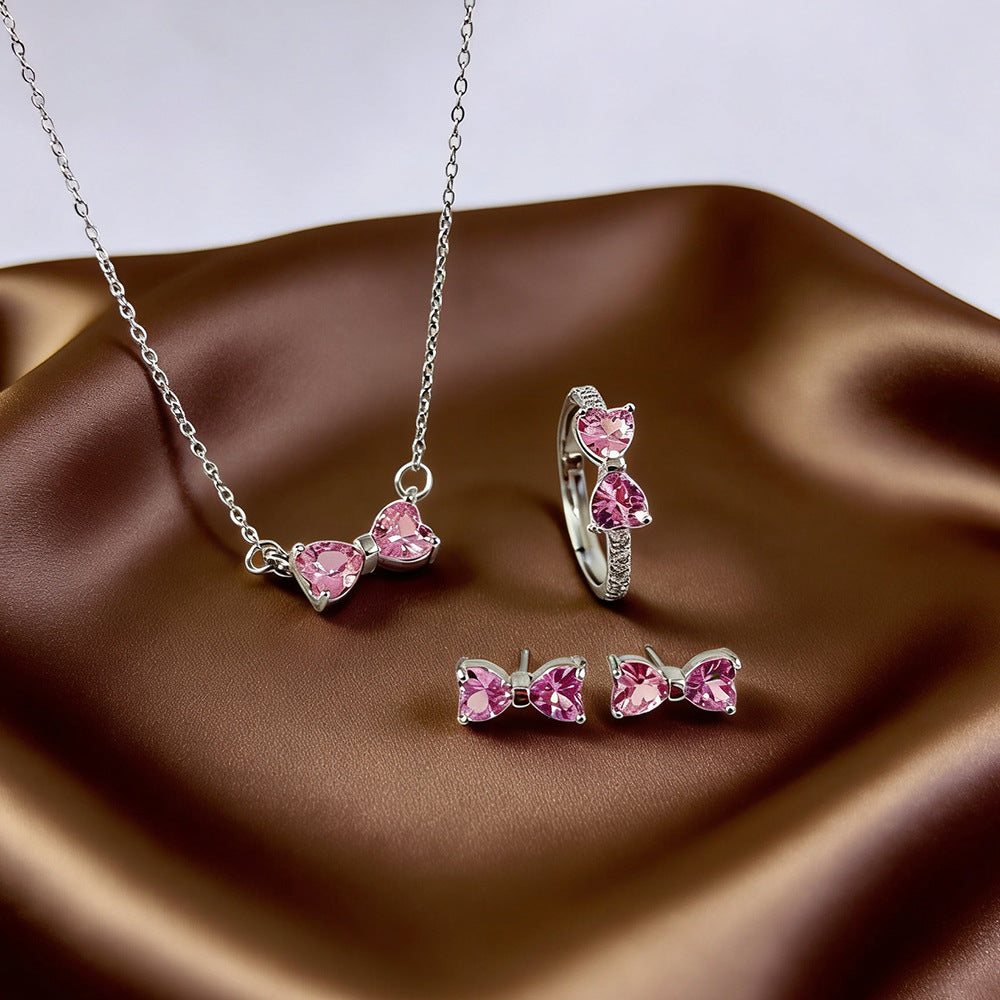 Pink Heart Diamond Bow Jewelry Set, S925 Silver Sweet Girly 3-Piece Necklace Earring Ring Kit