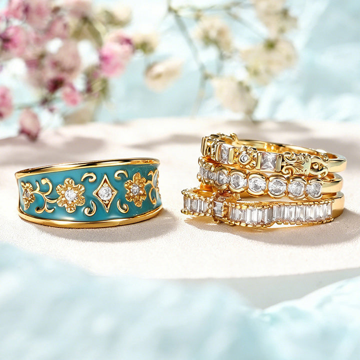 French Enamel Floral Pave Diamond 4-Piece Stackable Ring Set, Solid S925 Silver Gold Tone Vintage Palace Band Set