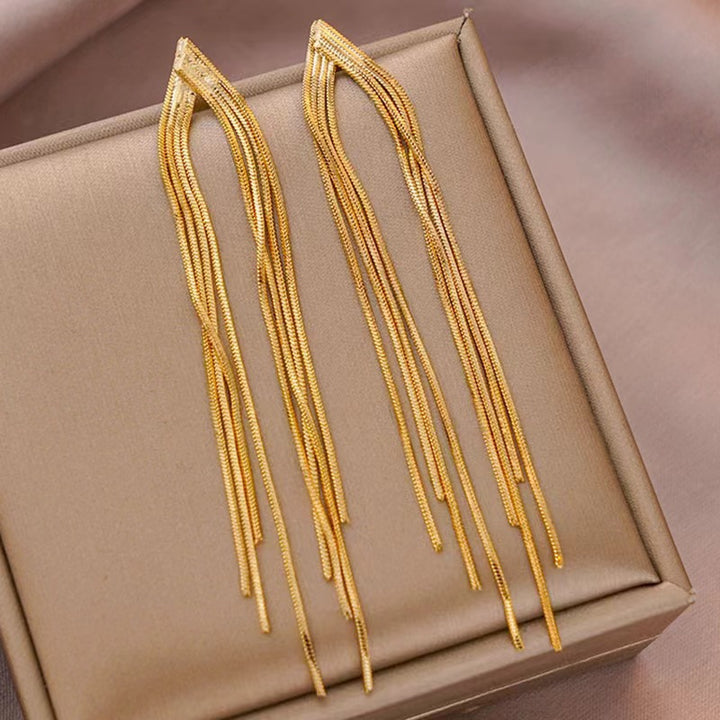 Multi-Layer Gold Tassel Long Earrings, Snake Chain Dangle Slimming Elegant Gold Drop Jewelry