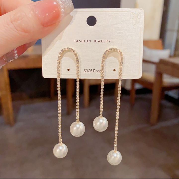 Pavé U-Shape Pearl Drop Threader Earrings (2 Colors Delicate Luxury Jewelry)