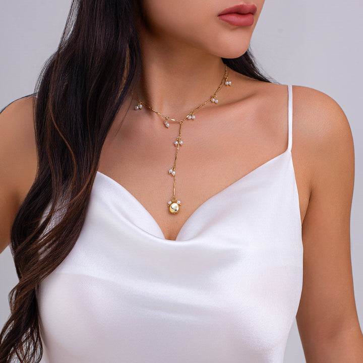 Dangling Pearl Y-Shaped Clavicle Necklace, Soft Multi Cluster Pearl Long Thin Chain