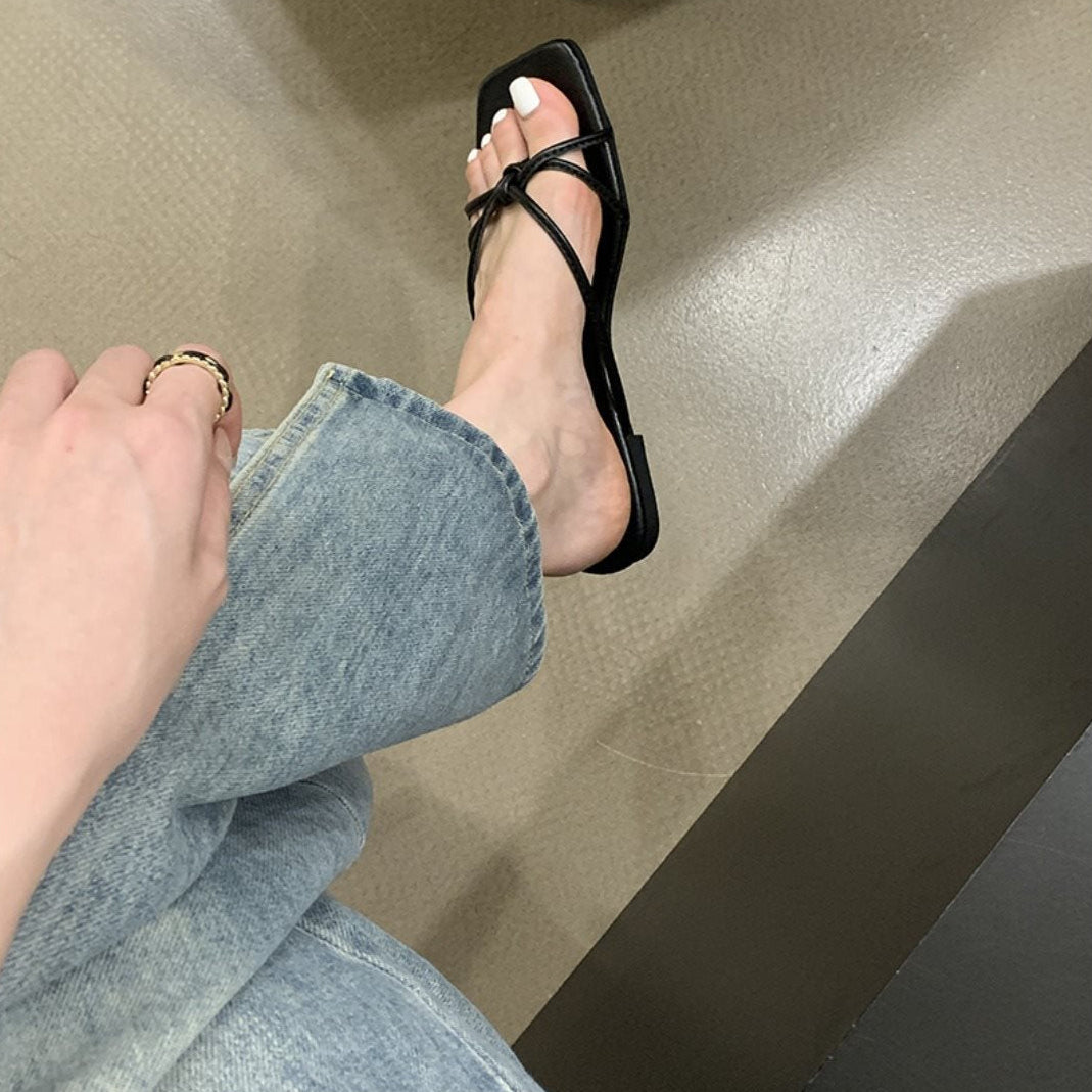 French Thin Strap Square Toe Slide Sandals, Multi Color Flat Summer Slippers
