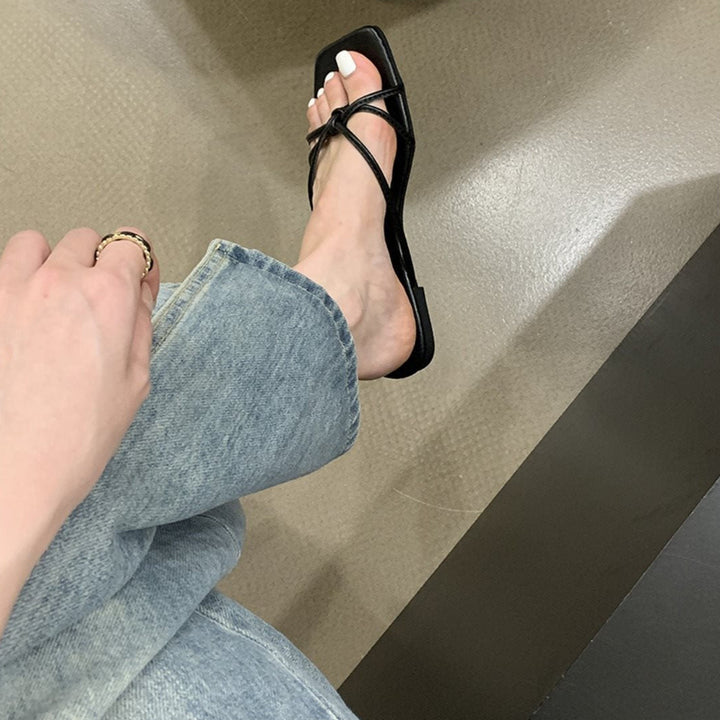 French Thin Strap Square Toe Slide Sandals, Multi Color Flat Summer Slippers
