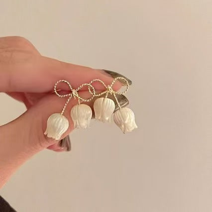 S925 Silver Bowknot Lily of The Valley Dangle Earrings, Gentle Style White Flower Long Drop Earrings