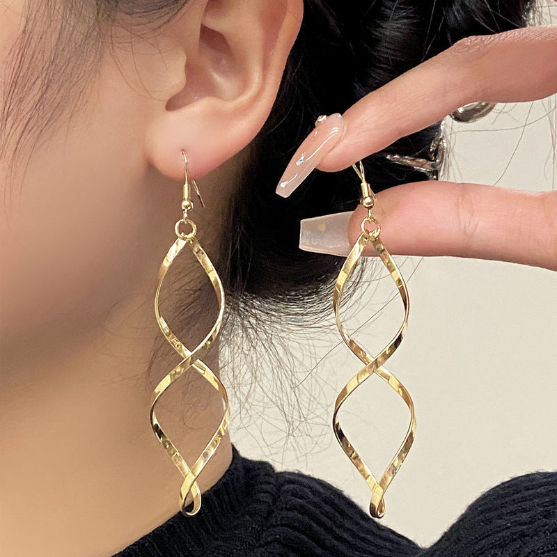 Twisted Rhombus Long Hook Earrings, Geometric Spiral Hollow Drop Earrings, Gold & Silver Tone S925 Silver Face Slimming Earrings
