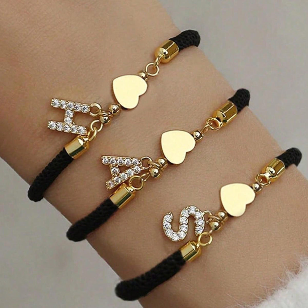 Rhinestone Letter & Heart Adjustable Rope Bracelet, Custom 26 Alphabet Couple Braided Wristband, 3 Colors Available
