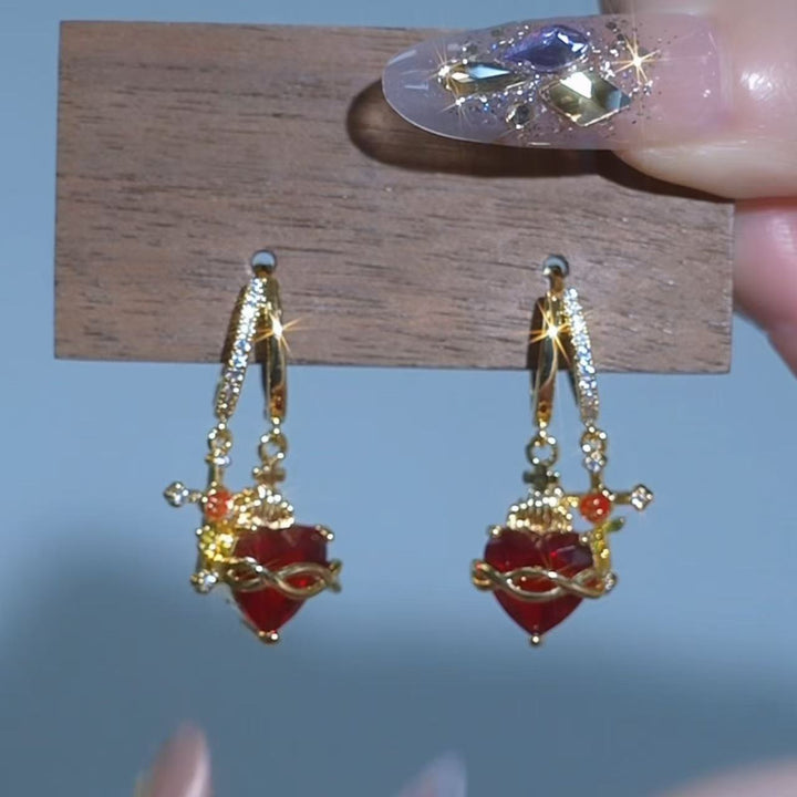 Red Heart Cross Diamond Hoop Earrings, Vintage Red Heart Long Dangle Earrings, Gold Luxury Earrings