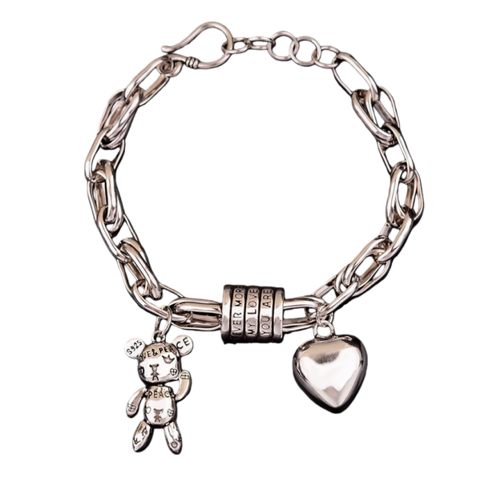 Bear & Heart Charm Chunky Chain Bracelet (Sweet & Cool Style Niche Personalized Bracelet)