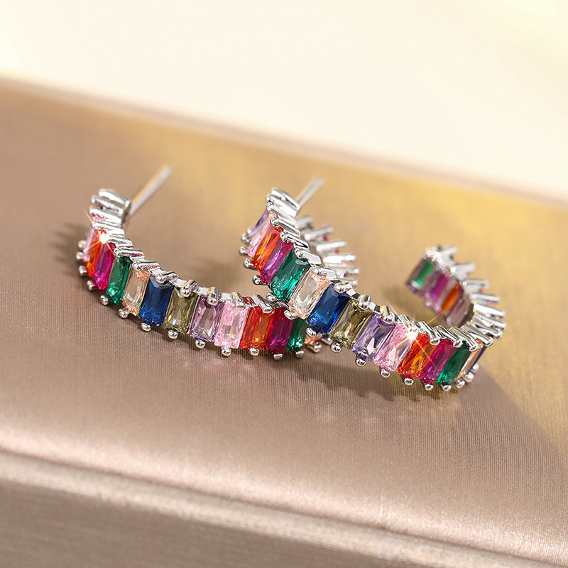 Rainbow Baguette Diamond Curved Stud Earrings (Silver Luxury Women's Earrings)