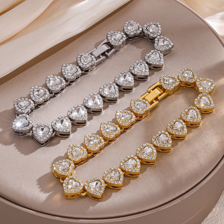 Full Paved Heart Chain Bracelet & Necklace Set, Sweet Style Dual-tone Heart Halo Diamond Matching Jewelry for Women & Couples
