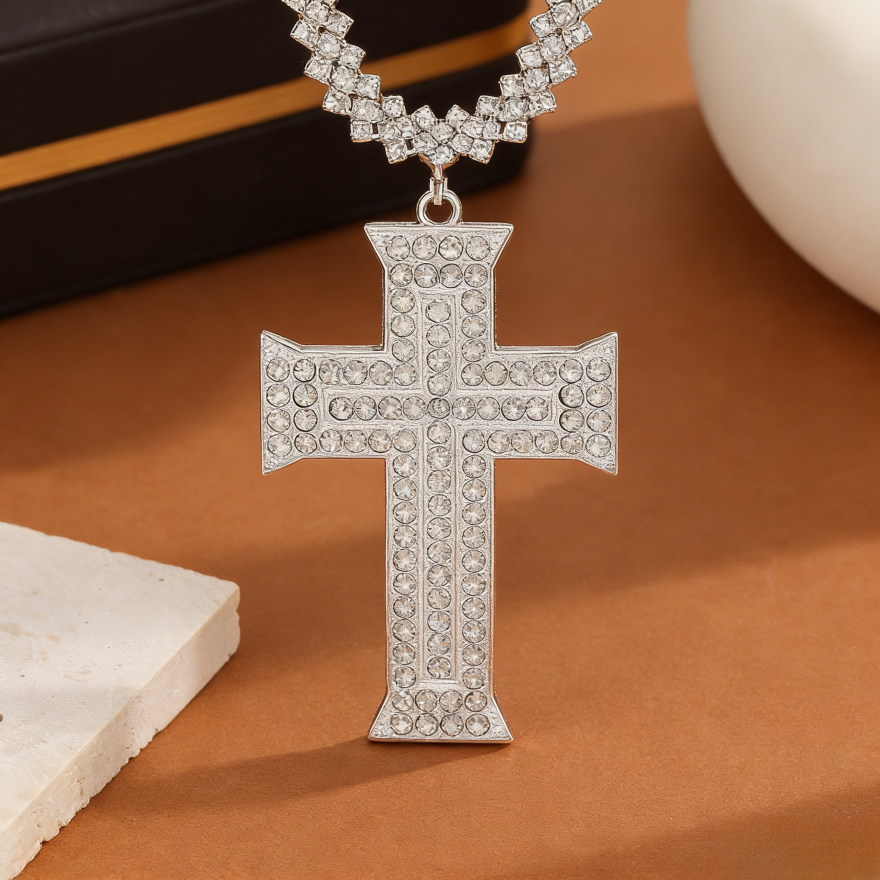 Full-Pavé Cross Pendant V-Shape Tennis Chain Necklace (Silver Tone Evening Jewelry)