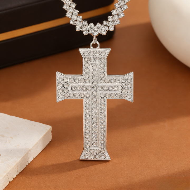 Full-Pavé Cross Pendant V-Shape Tennis Chain Necklace (Silver Tone Evening Jewelry)