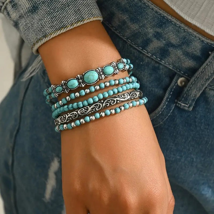 Bohemian Turquoise Multi-Layer Bracelet Set, Vintage Antique Silver Ethnic Stackable Beaded Bracelets, Women Vacation Jewelry