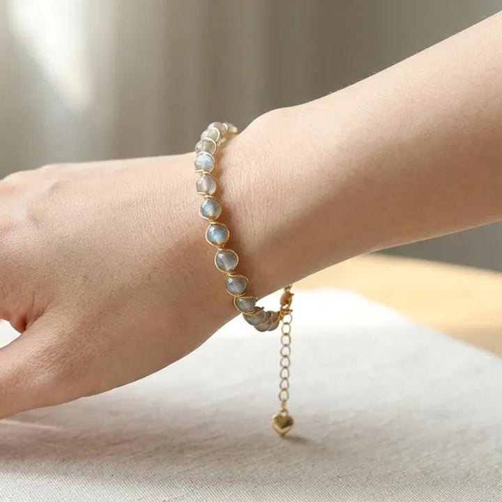 Hand‑Wrapped Natural Crystal Bracelet With Heart‑Shaped Extender, 4 Colors Available