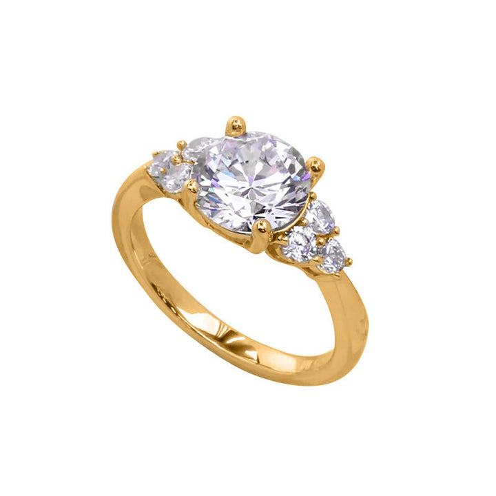 Four-Prong Round Center Stone Side Accent Engagement Ring, Solid S925 Silver Gold & Silver Two-Tone Luxury Promise Jewelry