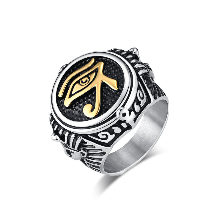 Ancient Egyptian Eye of Horus Embossed Signet Ring, S925 Silver Two-Tone Antiqued Mystic Vintage Band For Men