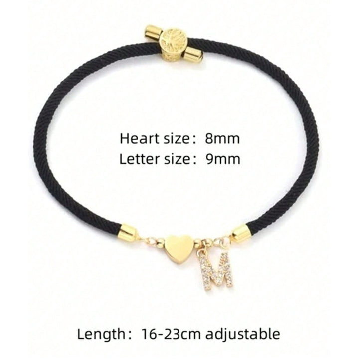 Rhinestone Letter & Heart Adjustable Rope Bracelet, Custom 26 Alphabet Couple Braided Wristband, 3 Colors Available