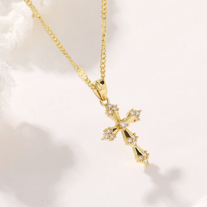 Vintage Gothic Pave Diamond Cross Necklace, 14K Gold Plated Luxury Diamond Cross Pendant Clavicle Chain