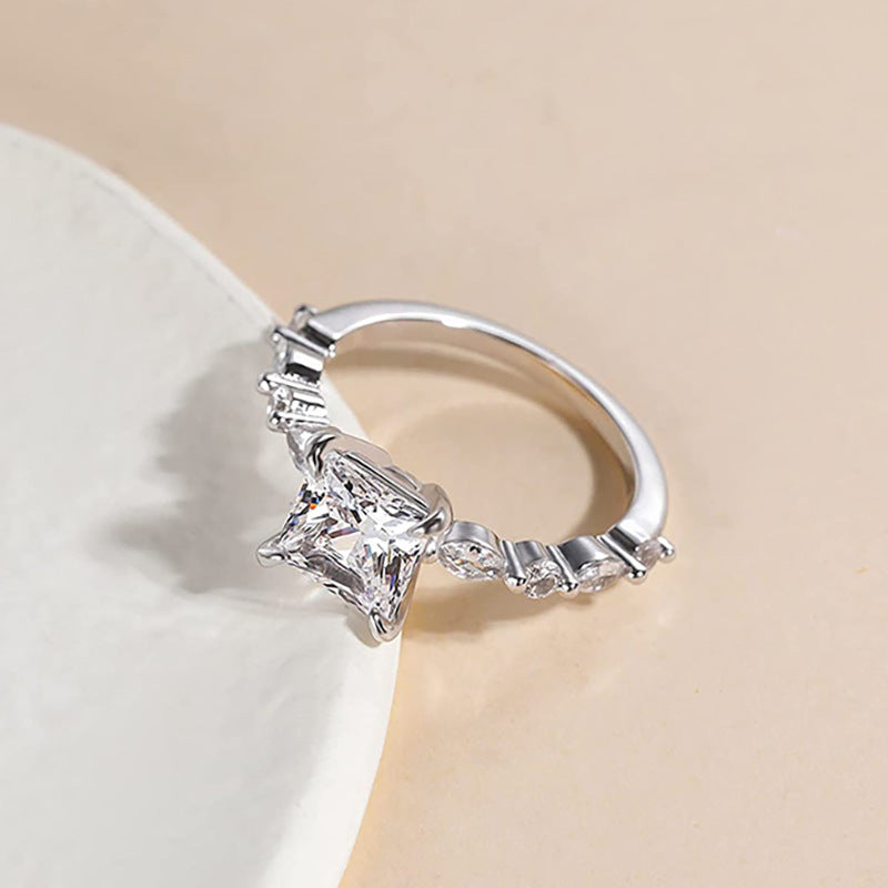 Princess Cut Four-Prong Diamond Ring, Marquise Accent Stone Slim Shank Luxury Engagement Ring for Women