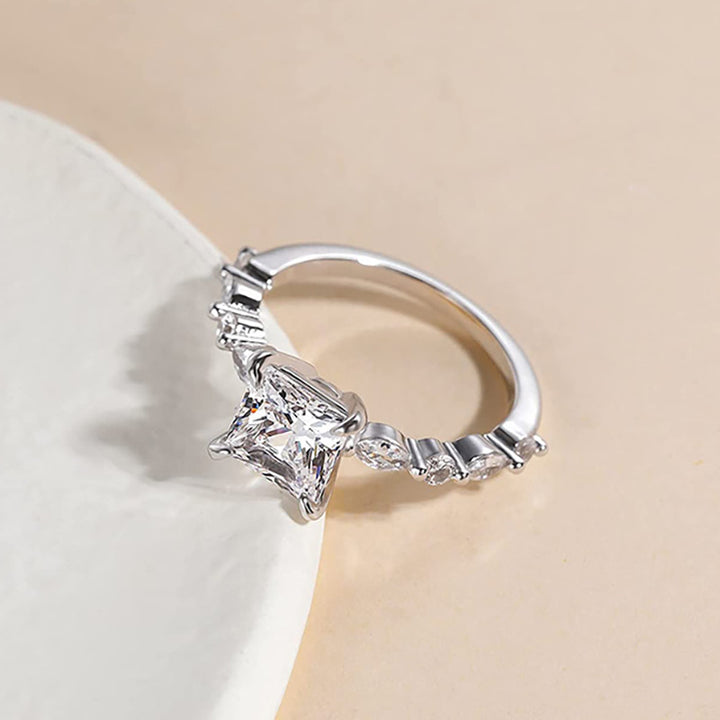 Princess Cut Four-Prong Diamond Ring, Marquise Accent Stone Slim Shank Luxury Engagement Ring for Women