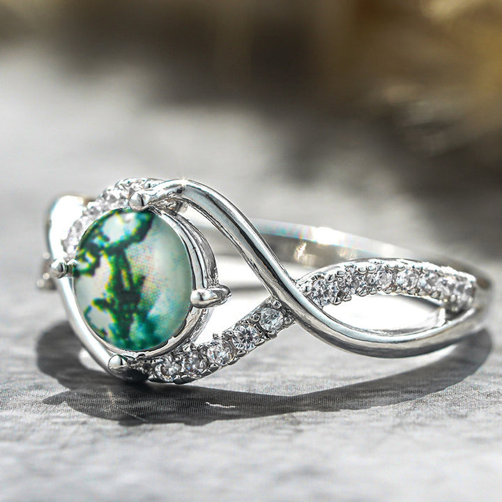 Twisted Shank Moss Agate Ring, Forest Style Paved Diamond Silver Delicate Band for Women