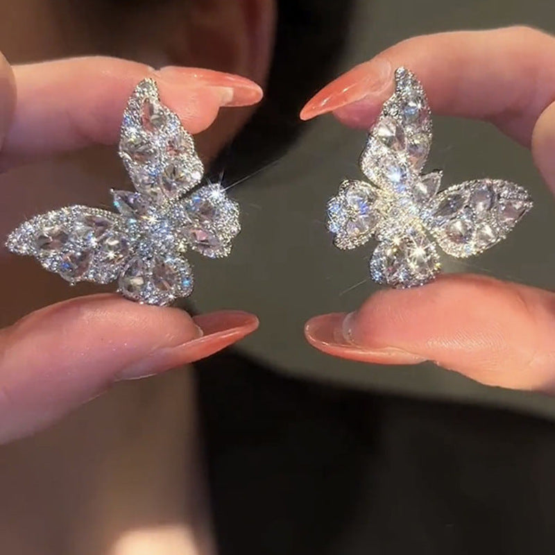 Full Diamond 3D Butterfly S925 Silver Stud Earrings