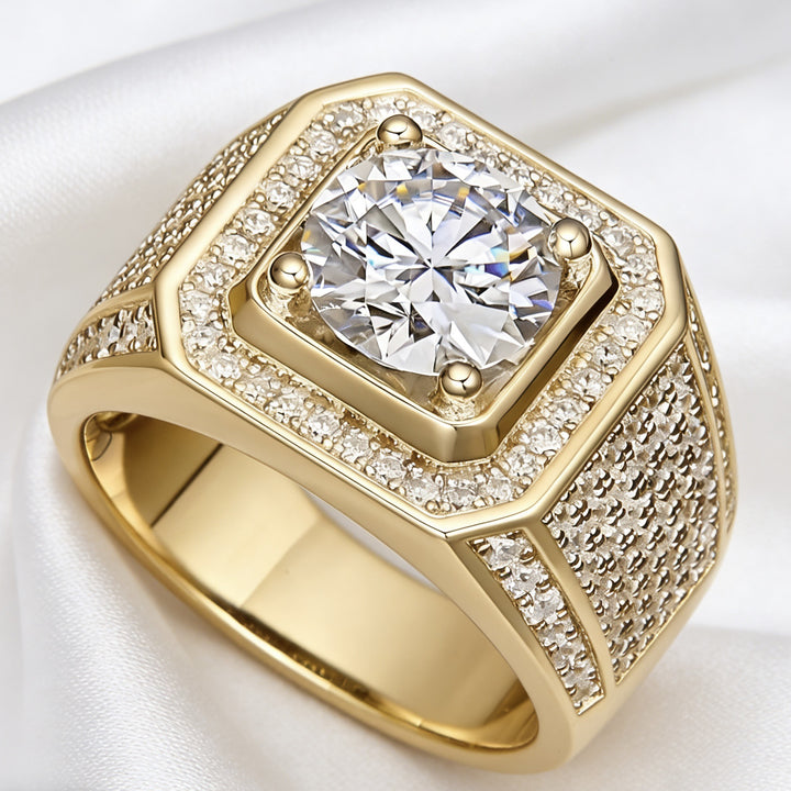 Heavy Square Halo Main Stone Men Ring, European Wide Full Paved Diamond Business Statement Band for Men