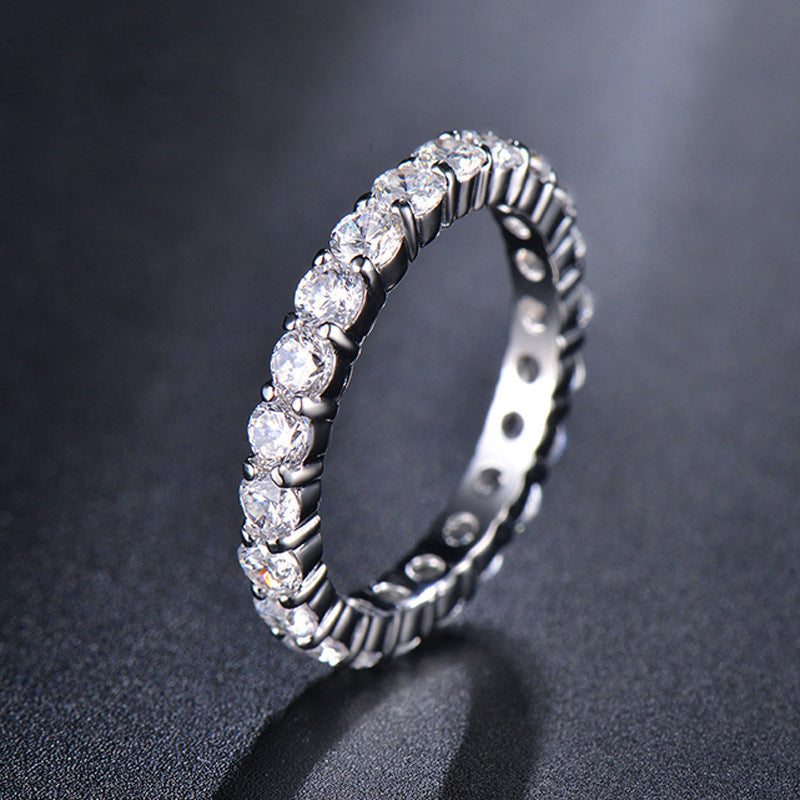 Full Eternity Diamond S925 Silver Ring, Classic Round Full Band Inlaid Diamond Ring, Gold Silver Rose Gold Three Tones Stackable Luxury Ring