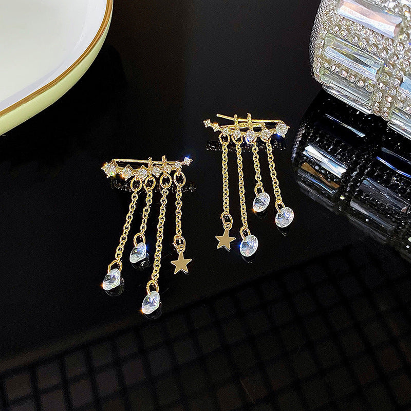 Star & Teardrop Diamond Tassel Stud Earrings, Luxury Long Chain Dangle Earrings, Gold & Silver Two Tones Available