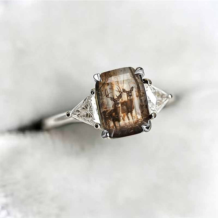 S925 Silver Square Forest‑Deer Pattern Center Stone Ring, Women Slim Band Accented With Trillion‑Cut Diamond
