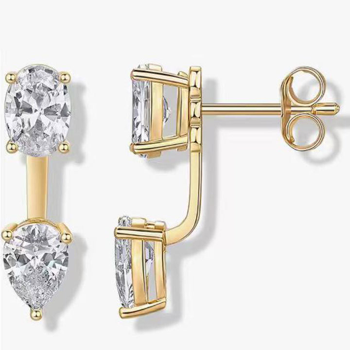 Front & Back Dual Diamond S925 Silver Stud Earrings, Oval & Pear Cut Diamond Two-Wear Luxury Earrings, Gold & Silver Two Tones