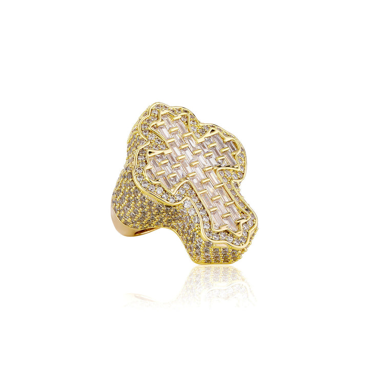Heavy Iced Baguette Cross Hip Hop Ring, S925 Silver 14K Gold Plated Western Rap Unisex Wide Band, Gold & Silver Two Tones
