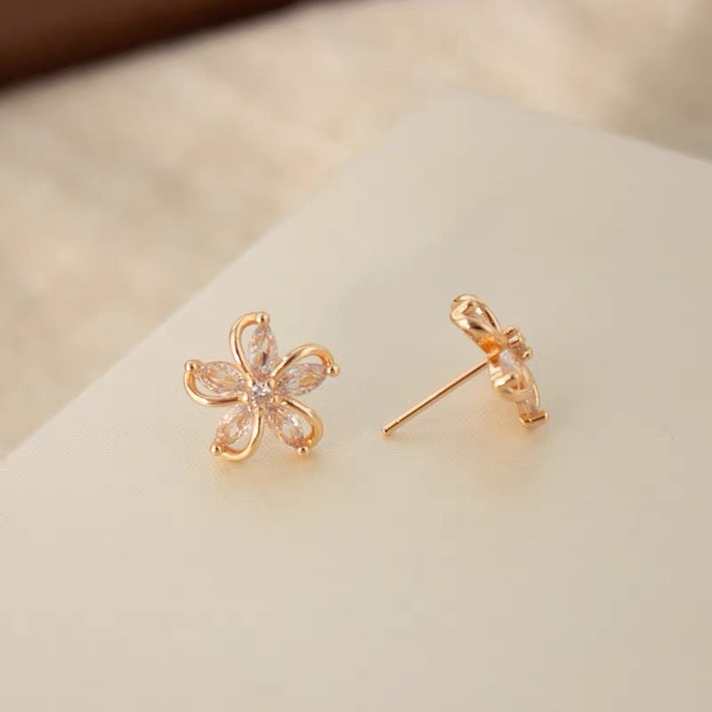 Hollow 5-Petal Flower Diamond Stud Earrings, Marquise Stone Floral Earrings, Gold & Silver Tone Minimal Flower Studs
