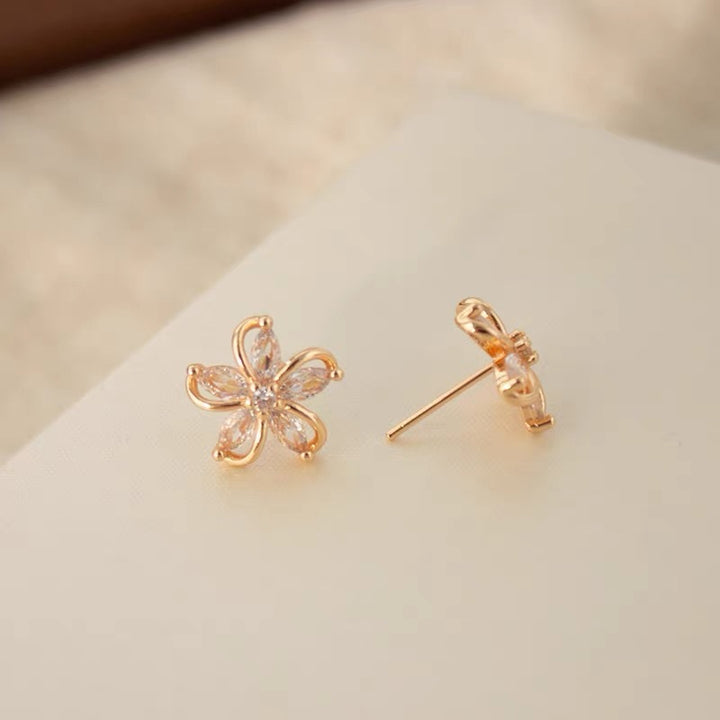 Hollow 5-Petal Flower Diamond Stud Earrings, Marquise Stone Floral Earrings, Gold & Silver Tone Minimal Flower Studs