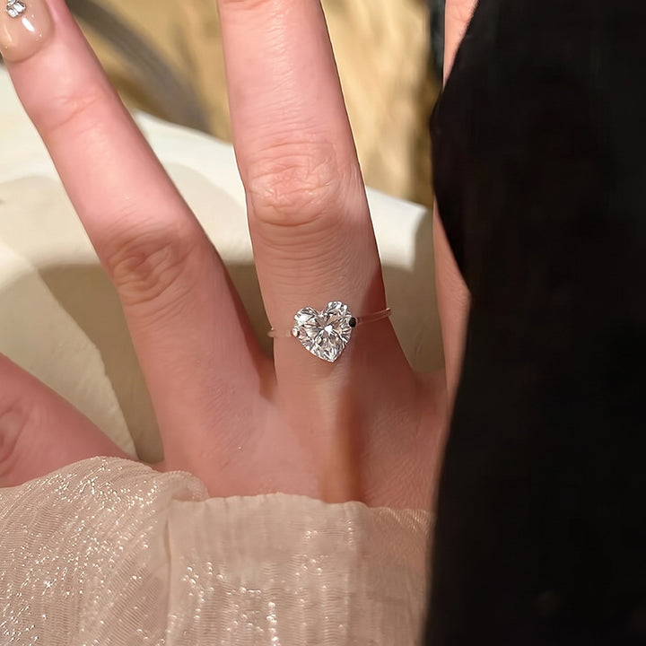 Minimalist Heart Solitaire Thin Band Ring, Slim Ring with Large & Small Heart Diamond Two Sizes