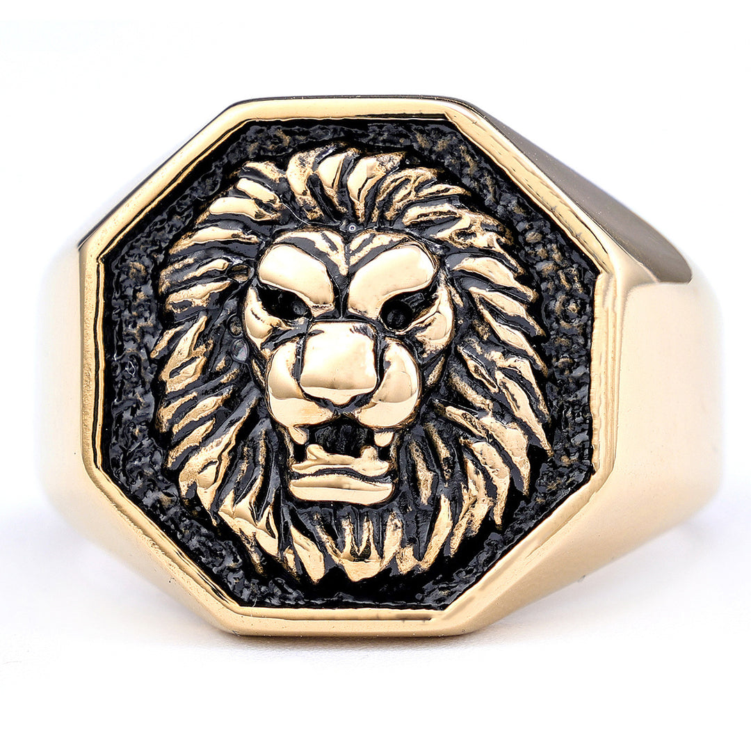 3D Lion Head Embossed Octagon Signet Ring, S925 Silver Full Gold / Silver / Silver-Gold Contrast Bold Men’s Band