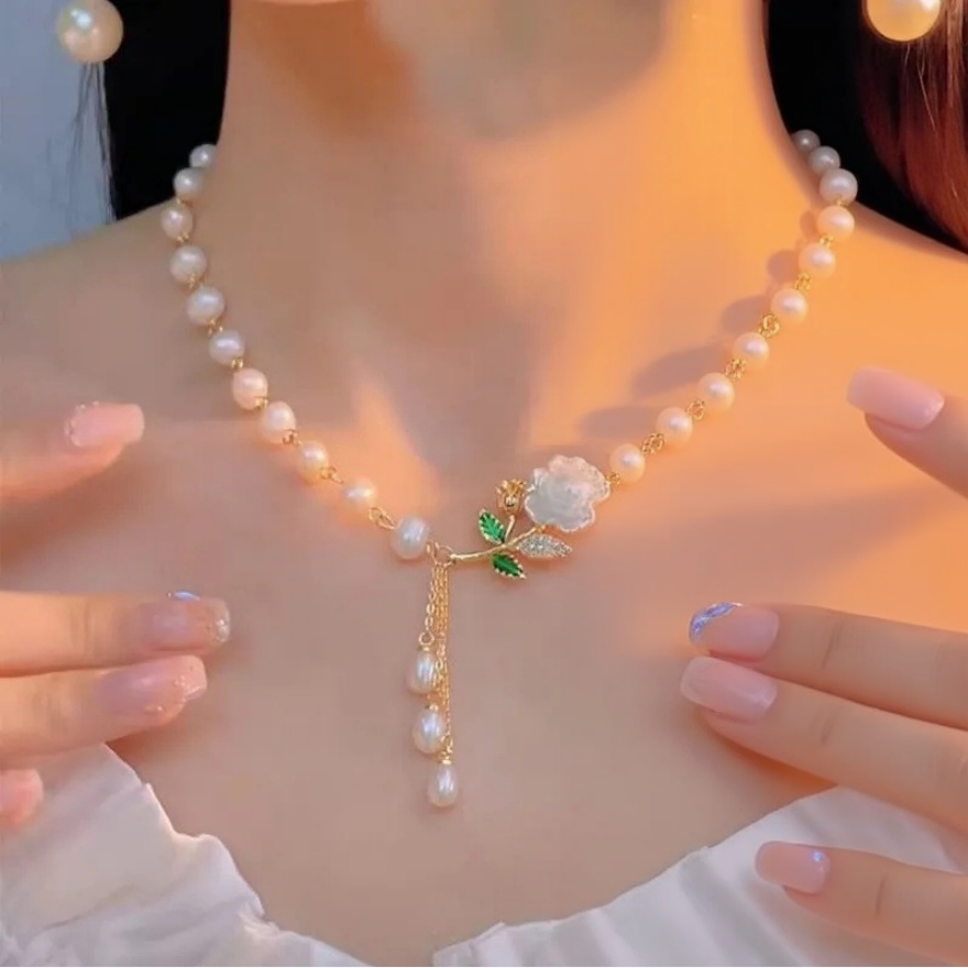 S925 Silver Rose Pearl Tassel Necklace, French Gentle Style Camellia Adjustable Pearl Clavicle Chain