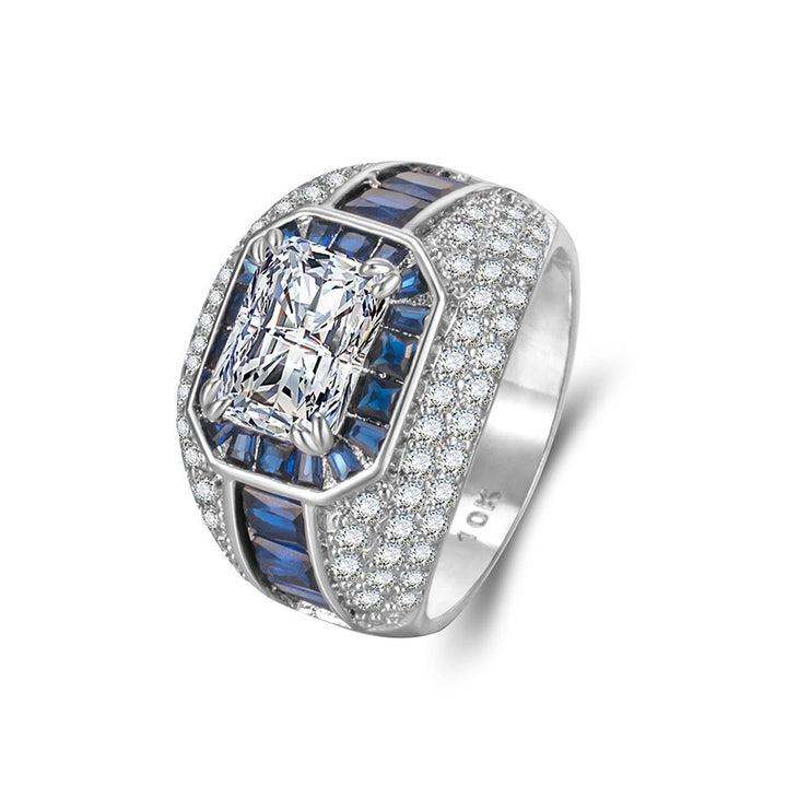 Emerald‑Cut Center Stone Luxurious Pavé S925 Sterling Silver Men's Ring, Two‑Tone Available
