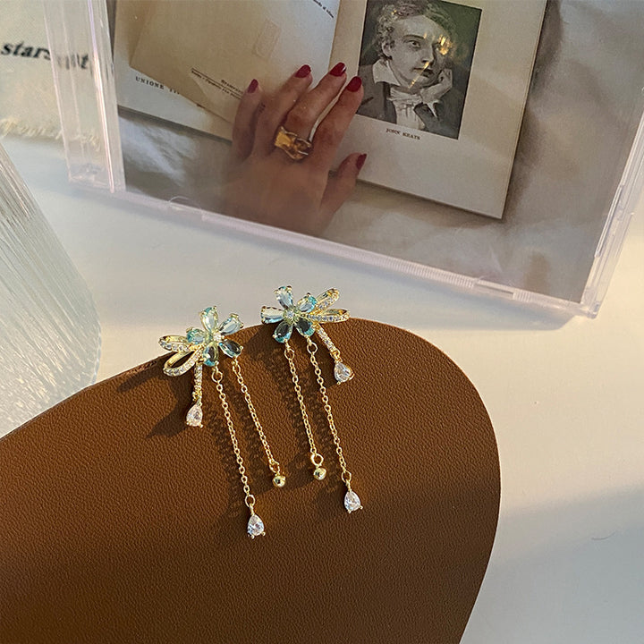 Light Blue Crystal Flower Tassel Stud Earrings, Fresh Blue Diamond Floral Long Chain Earrings, Gold & Silver Two Tones Available