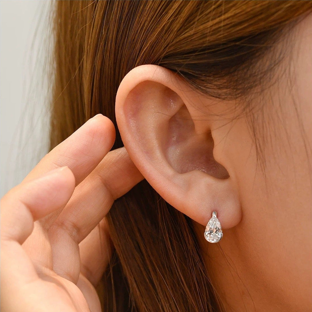 Teardrop & Rectangle Single Diamond Mini Hoop Earrings, Pear/Emerald Cut Diamond Small Click Hoops Gold Silver Dainty Daily Jewelry