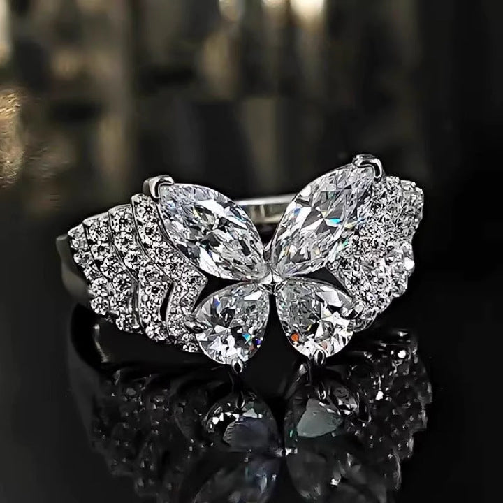 S925 Silver Pave‑Set Butterfly Wing Ring, Gorgeous Heavy‑Duty Stackable Sparkling Ring for Women