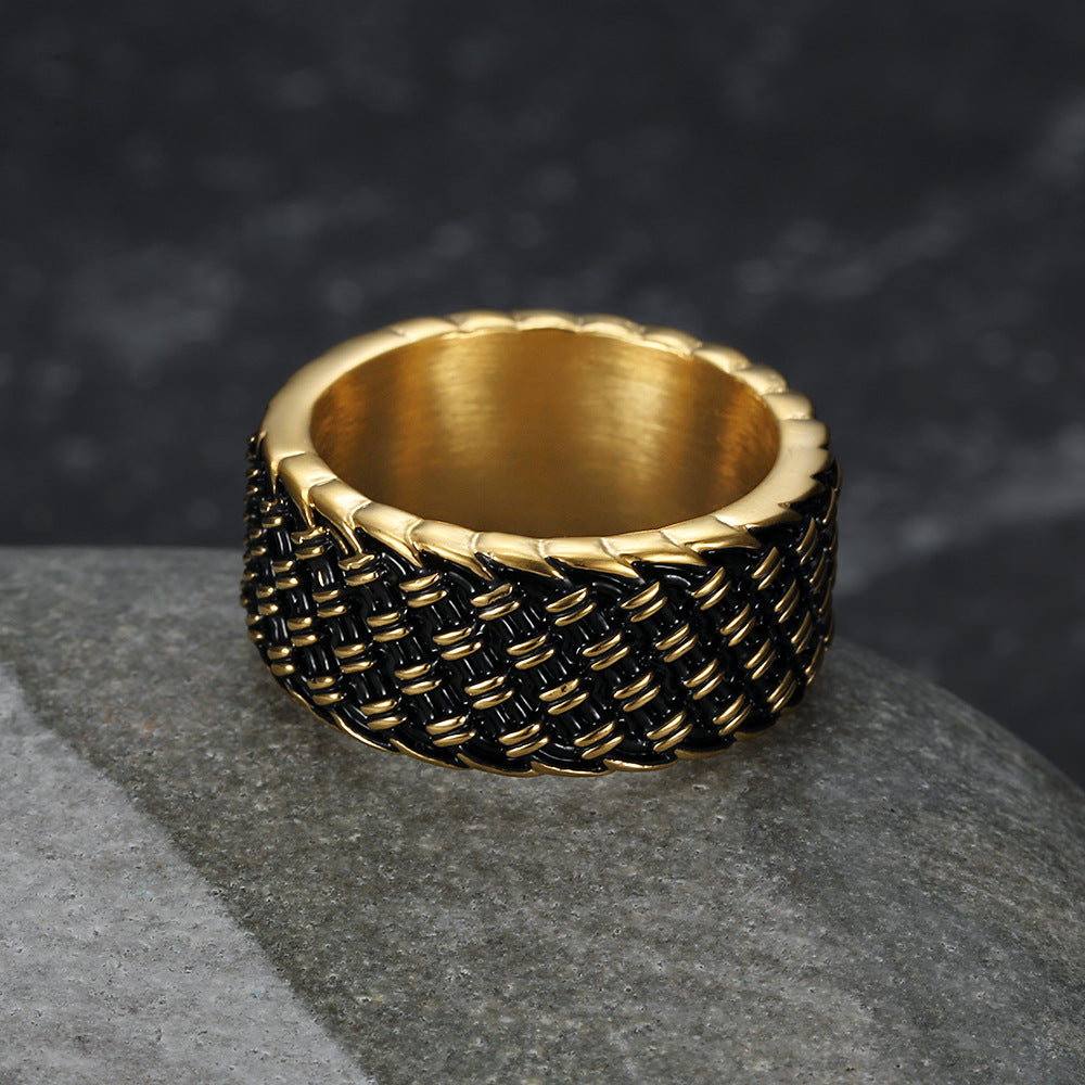 Vintage 3D Woven Texture Wide Band Ring, S925 Silver Silver & Gold Two-Tone Unisex Ring