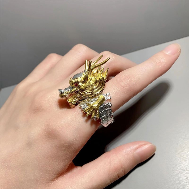 Two-Tone 3D Divine Beast Cloud Open Ring, S925 Silver Gold Plated Vintage Adjustable Wide Band For Men