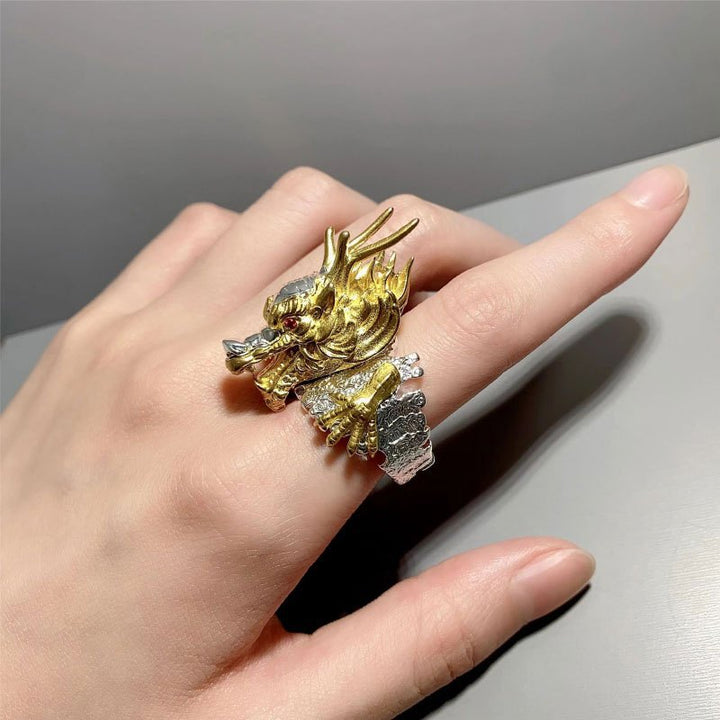 Two-Tone 3D Divine Beast Cloud Open Ring, S925 Silver Gold Plated Vintage Adjustable Wide Band For Men