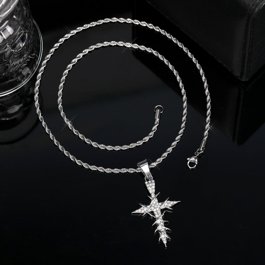 S925 Silver Paved Star Cross Pendant Necklace, 2 Colors Rope Chain Unisex Necklace