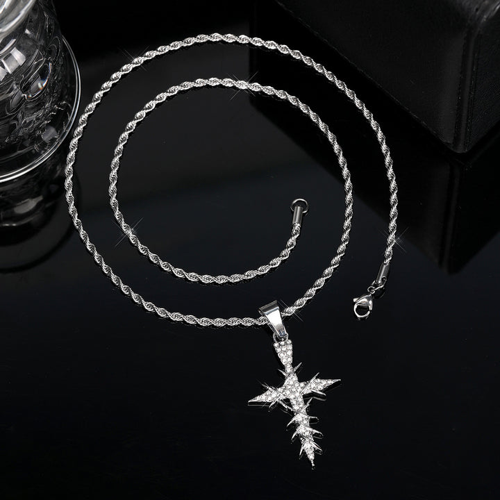 S925 Silver Paved Star Cross Pendant Necklace, 2 Colors Rope Chain Unisex Necklace
